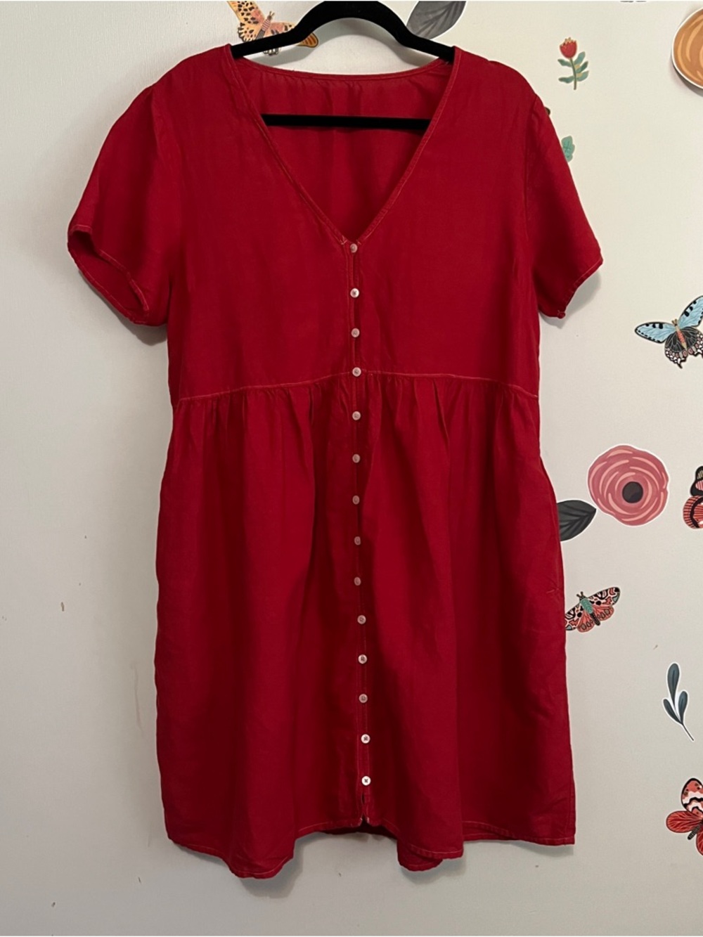 Madewell V-Neck Linen Blend Button Front Short Sleeve Dress in Red L - Picture 2 of 7